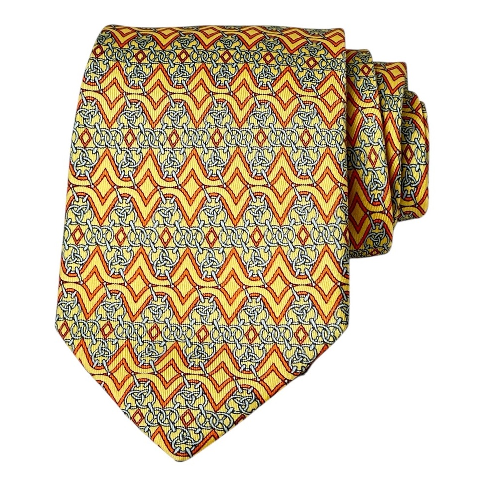 Hermès Paris 100% Silk Tie Yellow Blue Geometric Chain Pattern Made in France